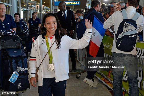 Sarah Ourahmoune, boxing Silver medalist arrives at Roissy Charles de Gaulle airport after the Olympic Games in Rio on August 23, 2016 in Paris,...