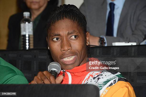 Gold medallist Caster Semenya at the OR Tambo airport during the arrival of the SA Athletics team from the 2016 Rio Olympics on August 23, 2016 in...