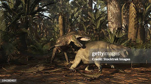 postosuchus attacking a dicynodont in a triassic forest. - triassic landscape stock illustrations