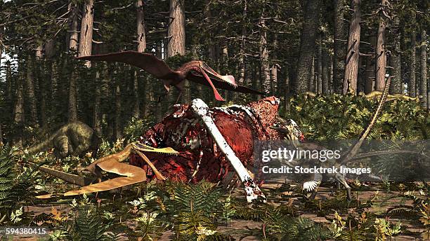 deinonychus & coloborhynchus birds feed on a dinosaur carcass. - deinonychus stock-grafiken, -clipart, -cartoons und -symbole