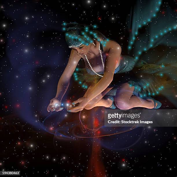 a ghostly female spirit dressed in turquoise stars spreads stars and planets throughout the universe. - the prophet film 2015 stock-grafiken, -clipart, -cartoons und -symbole