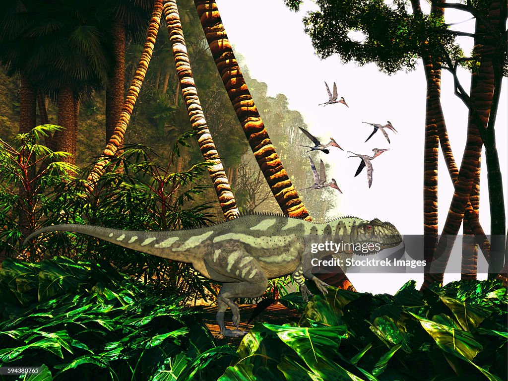 A Yangchuanosaurus hunts through jungle foliage for prey.
