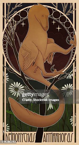 stockillustraties, clipart, cartoons en iconen met deinonychus antirrhopus reconstructed in art nouveau style. - deinonychus