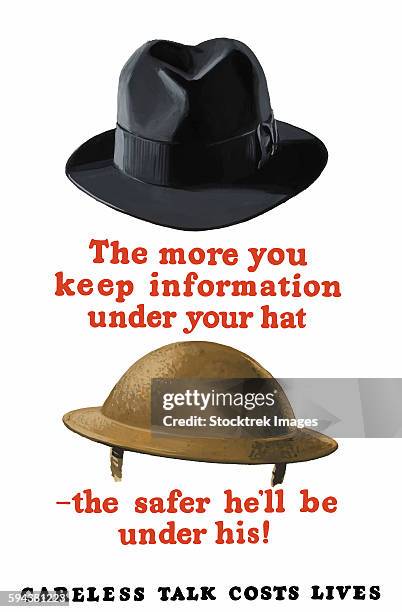 vintage world war ii poster featuring a fedora and an army helmet. - informational poster design stock illustrations