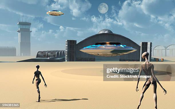 alien reptoids and their flying saucers at area 51, a top secret base in nevada, usa. - area 51 stock illustrations
