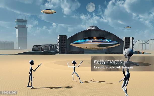 illustrations, cliparts, dessins animés et icônes de grey aliens and their flying saucers at area 51, a top secret base in nevada, usa. - area 51