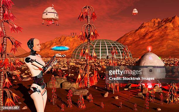 stockillustraties, clipart, cartoons en iconen met a robot and landing craft making deliveries to a habitat dome. - a journey to planet sanity