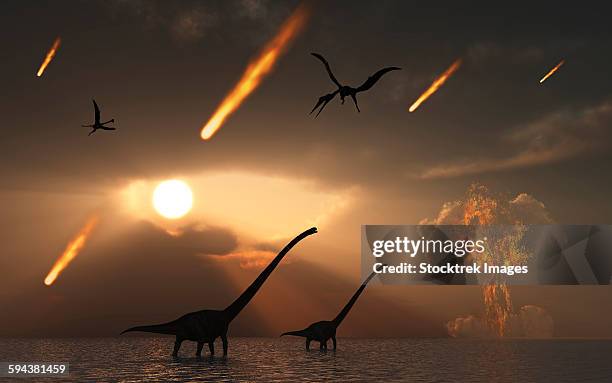 ilustrações, clipart, desenhos animados e ícones de the last days of dinosaurs caused by a giant asteroid impact. - mamífero