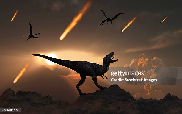 illustrazioni stock, clip art, cartoni animati e icone di tendenza di the last days of dinosaurs during the cretaceous period. - tre animali
