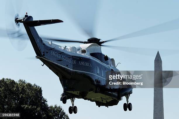 Marine One, carrying U.S. President Barack Obama on board, departs from the White House in Washington, D.C. On Tuesday, Aug. 23, 2016. Obama will...