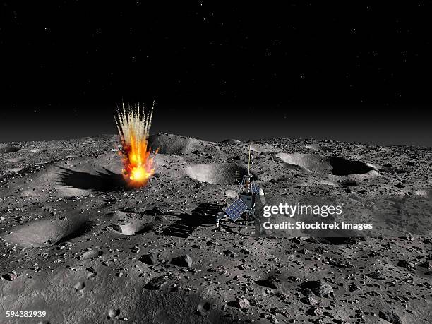 stockillustraties, clipart, cartoons en iconen met a robotic probe drills into the surface of an asteroid as a meteorite strikes nearby. - exploratory spacecraft