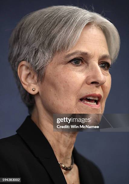 Green Party presidential nominee Jill Stein answers questions during a press conference at the National Press Club August 23, 2016 in Washington, DC....