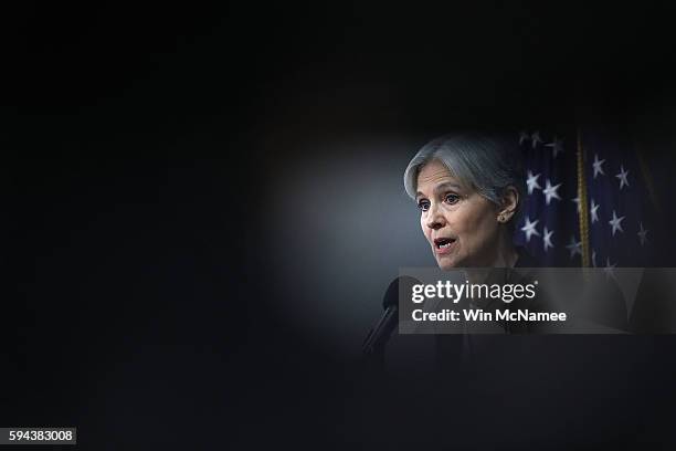 Green Party presidential nominee Jill Stein answers questions during a press conference at the National Press Club August 23, 2016 in Washington, DC....