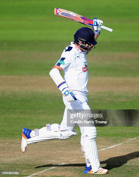 Sean Ervine of Hampshire celebrates his century during Day One of the Specsavers County Championship Division One match between Somerset and...