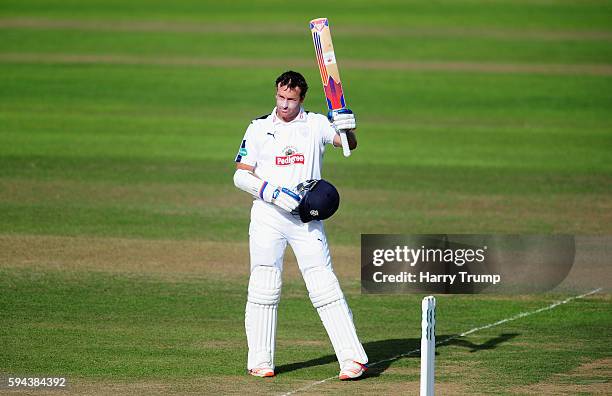 Sean Ervine of Hampshire celebrates his century during Day One of the Specsavers County Championship Division One match between Somerset and...