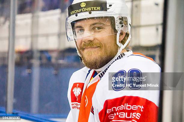 Erik Josefsson of Vaxjo Lakers on penalty bench during the 1st period of the Champions Hockey League group stage game between Yunost-Minsk and Vaxjo...