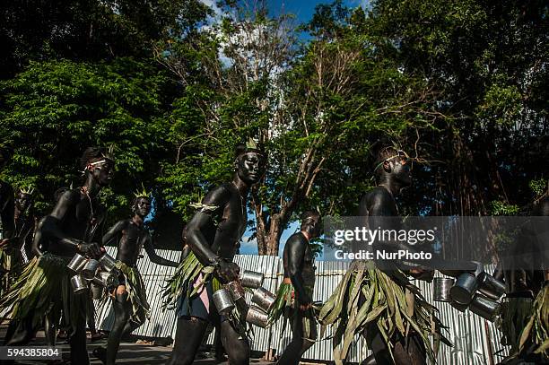 Some participants carnival Yogyakarta Art Festival walk in Malioboro, Yogyakarta, Indonesia, on August 23, 2016. This event has been going on for 28...