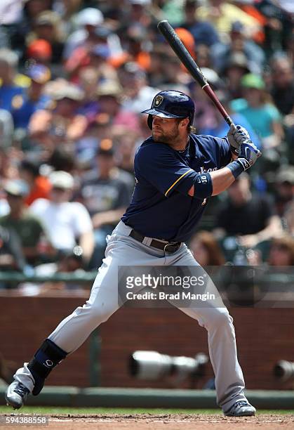 Kirk Nieuwenhuis of the the Milwaukee Brewers bats during the game against the San Francisco Giants at AT&T Park on Wednesday, June 15, 2016 in San...