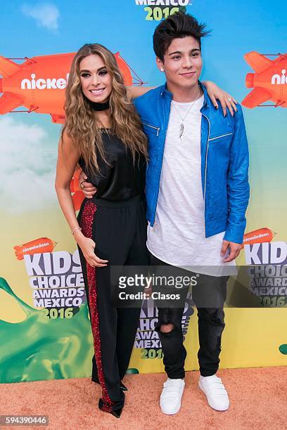 Galilea Montijo and Sebastian Villalobos pose for pictures during the Kids Choice Awards Mexico 2016 Red Carpet at Auditorio Nacional on August 20,...