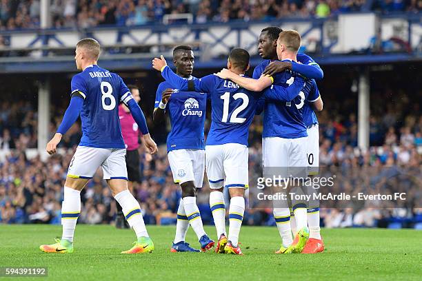 Aaron Lennon celebrates his goal with team mates during the EFL Cup match between Everton and Yeovil Town at Goodison Park on August 23, 2016 in...