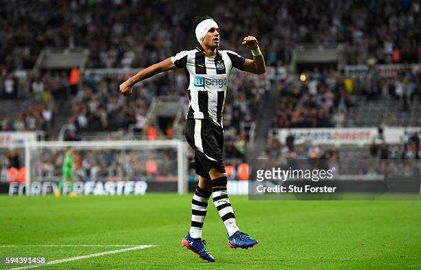 Ayoze Perez of Newcastle United celebrates scoring the opening goal during the EFL Cup second round match between Newcastle United and Cheltenham...