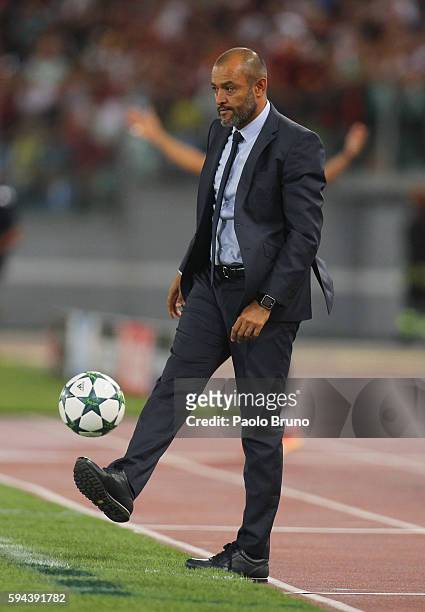 Porto head coach Nuno Espirito Santo kicks the ball during the UEFA Champions League qualifying playoff round second leg match between AS Roma and FC...
