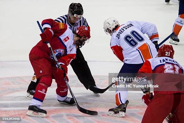 Daniel Korso of Yunost Minsk on face off with Eric Josefsson of Vaxjo Lakers during the 3rd period of the Champions Hockey League group stage game...