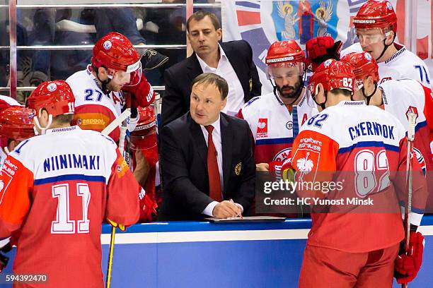 Team time out of Yunost-Minsk with head coach of the team Mikhail Zakharov during the 3rd period of the Champions Hockey League group stage game...