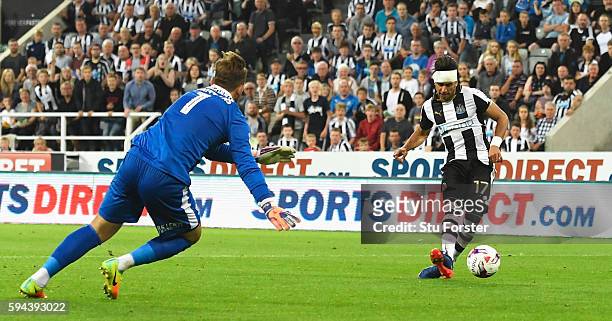 Ayoze Perez of Newcastle United scores his team's second goal during the EFL Cup second round match between Newcastle United and Cheltenham Town at...
