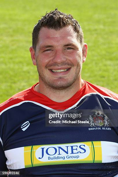 James Phillips poses for a portrait during the Bristol Rugby squad photo call for the 2016-2017 Aviva Premiership Rugby season on August 23, 2016 in...