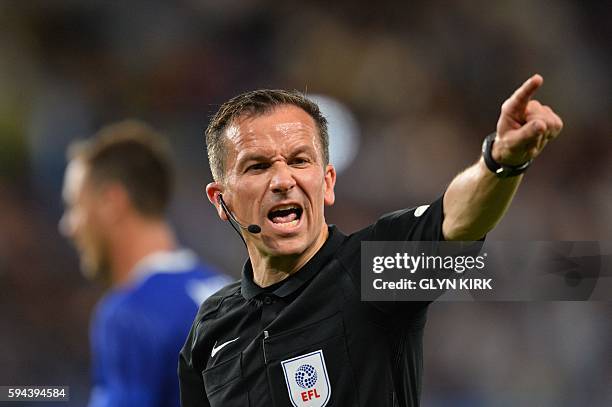 Referee Keith Stroud officiates during the English League Cup second round football match between Chelsea and Bristol Rovers at Stamford Bridge in...