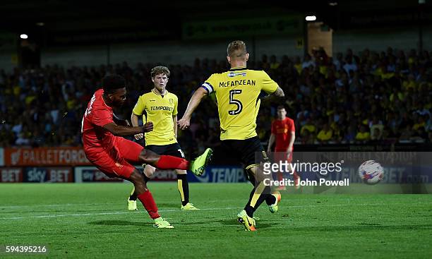 Daniel Sturridge of Liverpool scoring the fifth during the EFL Cup match between Burton Albion and Liverpool at the Pirelli Stadium on August 23,...
