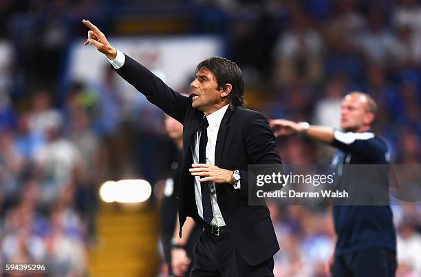 Antonio Conte, Manager of Chelsea gives instructions during the EFL Cup second round match between Chelsea and Bristol Rovers at Stamford Bridge on...