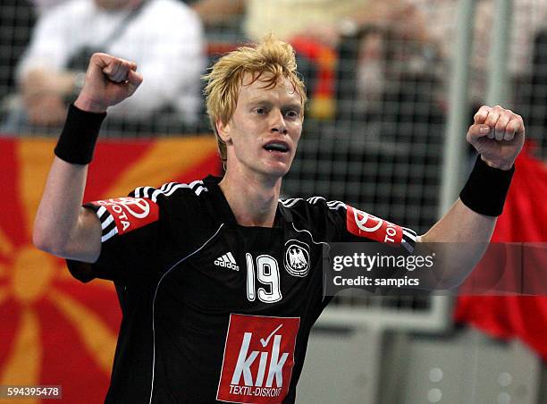 Christian Schoene of Germany celebrating during the IHF World Championships match against Mazedonia, in Croatia.