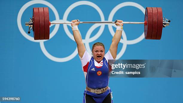 Tatiana Kashirina , Silbermedaille Olympische Sommerspiele 2012 London : Gewichtheben Frauen +75kg Spiel um Bronze Ger- USA Excel Hall Olympic Summer...