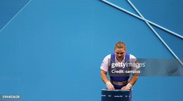 Tatiana Kashirina , Silbermedaille Olympische Sommerspiele 2012 London : Gewichtheben Frauen +75kg Spiel um Bronze Ger- USA Excel Hall Olympic Summer...