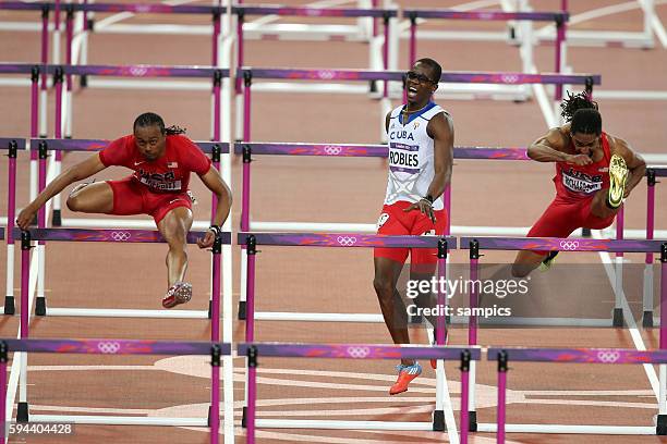 Meter Hürden Finale Hurdles final men v.l. Olympiasieger olympic Champion Goldmedalist Gold Aries Merritt USA , Dayron Robles CUB und Jason...