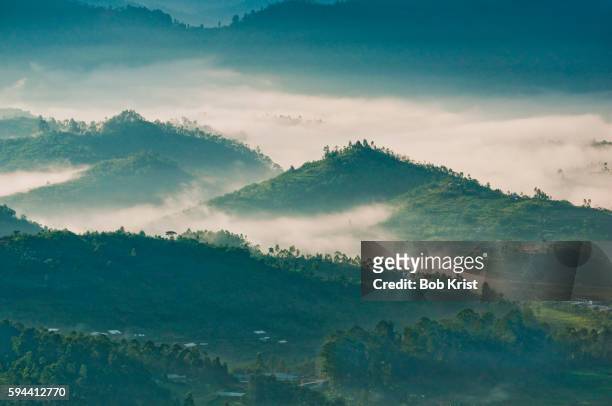 morning mist over valleys around kigali - rwanda stockfoto's en -beelden