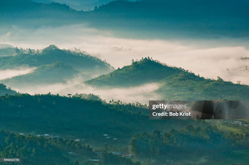 Morning mist over valleys around Kigali