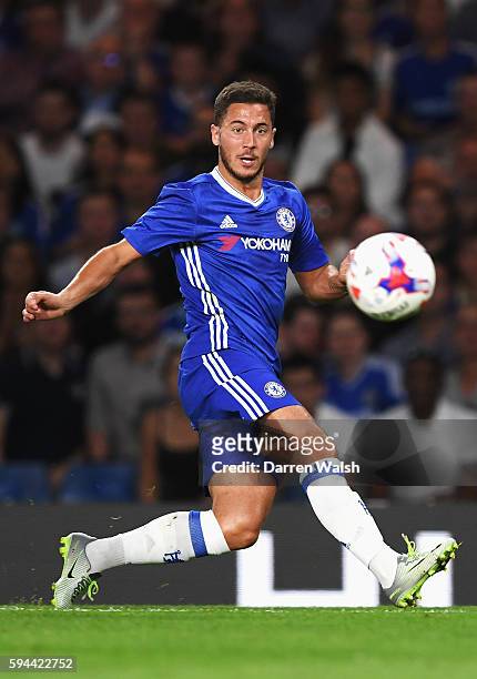 Eden Hazard of Chelsea in action during the EFL Cup second round match between Chelsea and Bristol Rovers at Stamford Bridge on August 23, 2016 in...