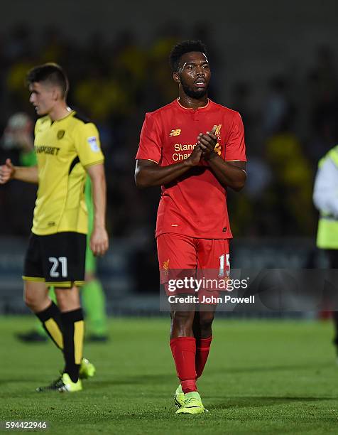 Daniel Sturridge of Liverpool shows his appreciation to the fans at the end of the EFL Cup match between Burton Albion and Liverpool at the Pirelli...