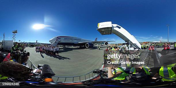 Team GB athletes disembark after arriving home at Heathrow Airport on August 23, 2016 in London, England. The 2016 British Olympic Team arrived back...