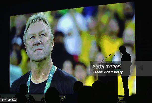 Former soccer coach Horst Hrubesch is seen on a screen during a Bundesliga gala award evening on August 23, 2016 in Berlin, Germany. Former soccer...