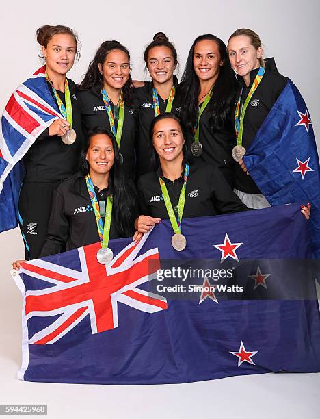 Backrow: Ruby Tui, Terina Te Tamaki, Theresa Fitzpatrick, Portia Woodman and Kelly Brazier, Front Row; Tyla Nathan-Wong; Sarah Goss of the New...