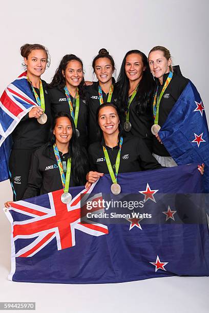 Backrow: Ruby Tui, Terina Te Tamaki, Theresa Fitzpatrick, Portia Woodman and Kelly Brazier, Front Row; Tyla Nathan-Wong; Sarah Goss of the New...