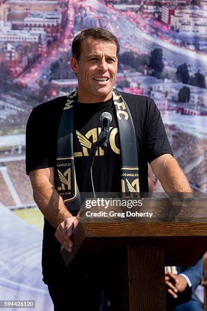 Motivational Speaker, Self-Help Author and part LAFC owner, Tony Robbins attends the Los Angeles Football Club Stadium Groundbreaking Ceremony on...