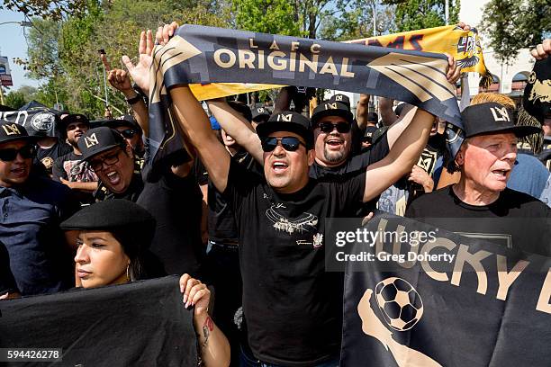 General Atmosphere shot of LAFC fans at the Los Angeles Football Club Stadium Groundbreaking Ceremony on August 23, 2016 in Los Angeles, California.