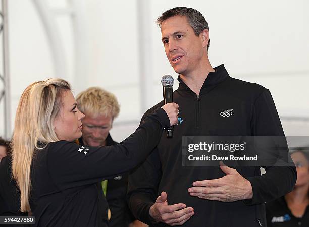 Chef de Mission Rob Waddell speaks with Laura McGoldrick during the New Zealand Olympic Games athlete home coming at Auckland International Airport...