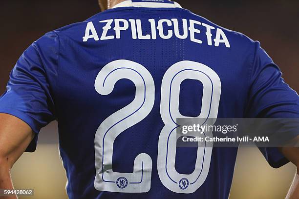 The numbers on the shirt of Cesar Azpilicueta of Chelsea with the club badge on during the EFL Cup match between Chelsea and Bristol Rovers at...