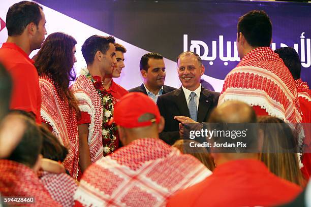 Prince Faisal Bin Al Hussein speaks to the Olympic mission during a ceremony to welcome home Jordanian Olympic gold medallist Ahmad Abu Goush and...